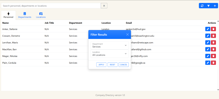 Filter modal and results